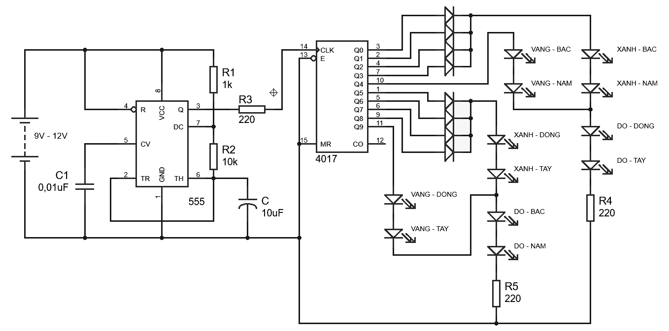 Sơ đồ nguyên lý mạch đèn giao thông dùng IC 555 và IC 4017