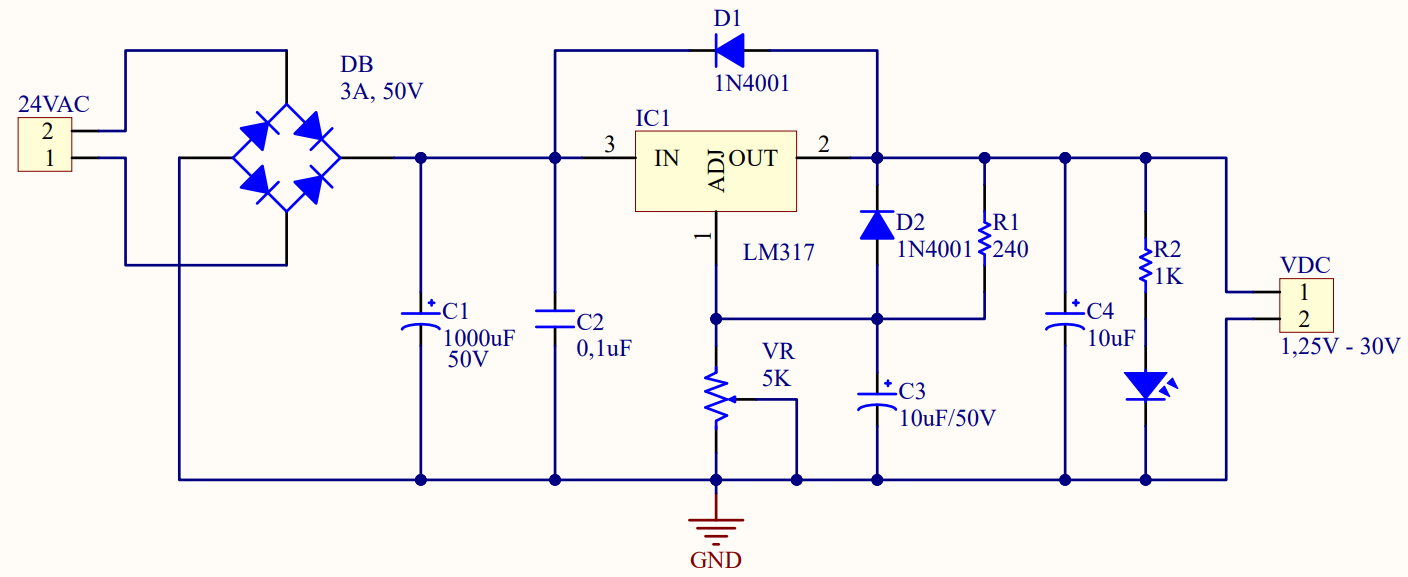 Sơ đồ nguyên lý mạch nguồn điều chỉnh điện áp dùng IC LM317
